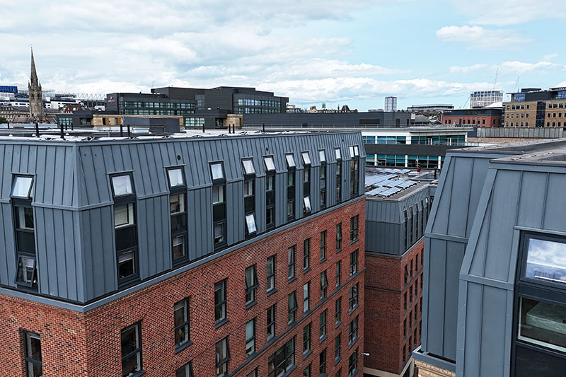 Roof flashing, grp roofing and zinc cladding installed on the walls by KingCraft hard metals, roofing & cladding specialists Leeds, Yorkshire.