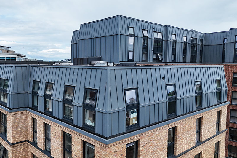 Metal wall cladding, Vieo zinc cladding, wall cladding installed by KingCraft roofing & cladding specialists, hard metals specialists Leeds, Yorkshire.