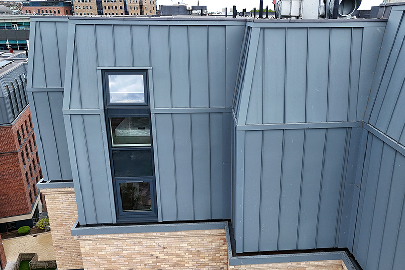 Zinc wall cladding standing seam sheets, roof repairs near me offered by KingCraft roofing & cladding specialists Leeds, Yorkshire.