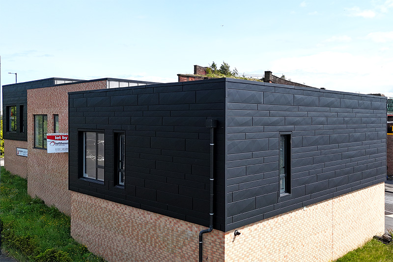 Roofing contractors from KingCraft roofing & cladding specialists Leeds, Yorkshire, installed Prefa X Aluminium wall cladding.