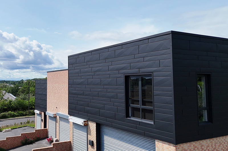 Hard metals specialists, wall aluminium cladding from Prefa installed by KingCraft roofing & cladding specialists Leeds, Yorkshire.