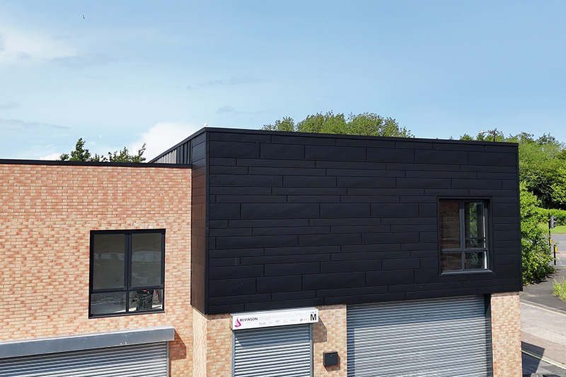 Prefa Siding X Aluminium wall cladding panels installed by roofers near me by KingCraft roofing & cladding specialists Leeds, Yorkshire.