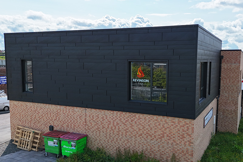 Aluminium wall cladding installed on commercial building, Prefa Siding X panels by KingCraft roofing & cladding specialists Leeds, Yorkshire.