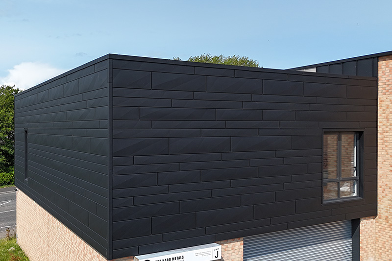 External cladding for commercial buildings, Aluminium Prefa X wall cladding by KingCraft roofing & cladding specialists Leeds, Yorkshire.